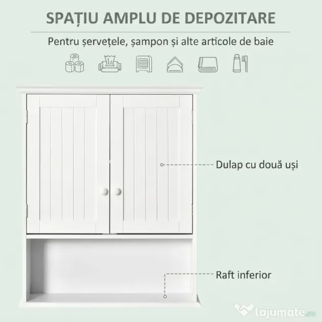 kleankin Dulap de Baie Suspendat cu Dulăpior, 2 Uși cu Închidere Magnetică și Raft Deschis, 60x20x70.5 cm, Alb | Aosom Romania