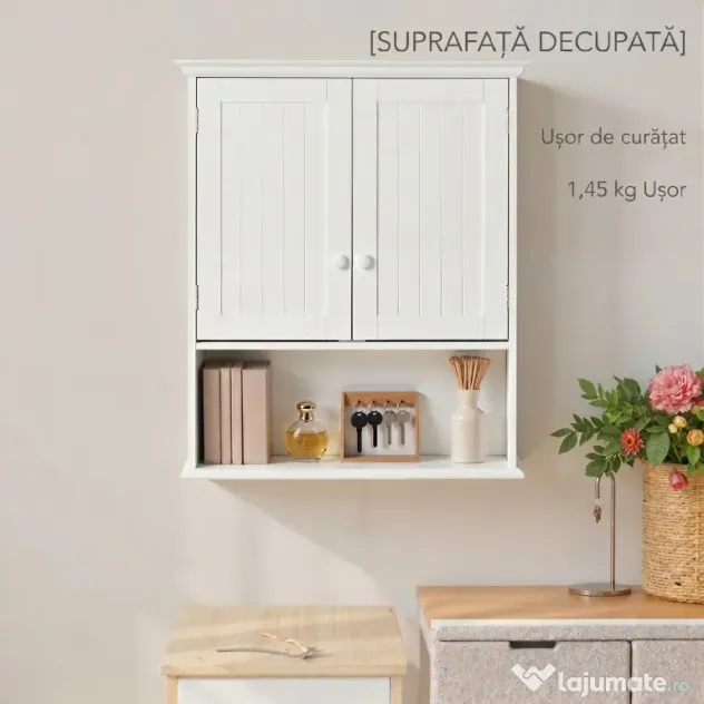 kleankin Dulap de Baie Suspendat cu Dulăpior, 2 Uși cu Închidere Magnetică și Raft Deschis, 60x20x70.5 cm, Alb | Aosom Romania