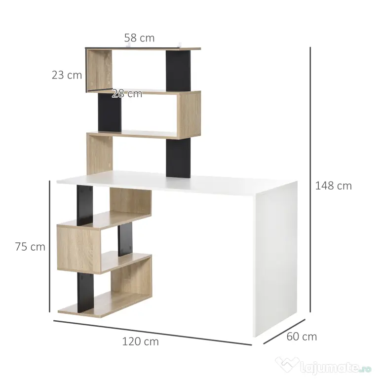 HOMCOM Birou cu Bibliotecă, Spațiu de Lucru Multifuncțional, Suport Computer din Lemn, Multicolor, 120x60x148cm | Aosom Romania