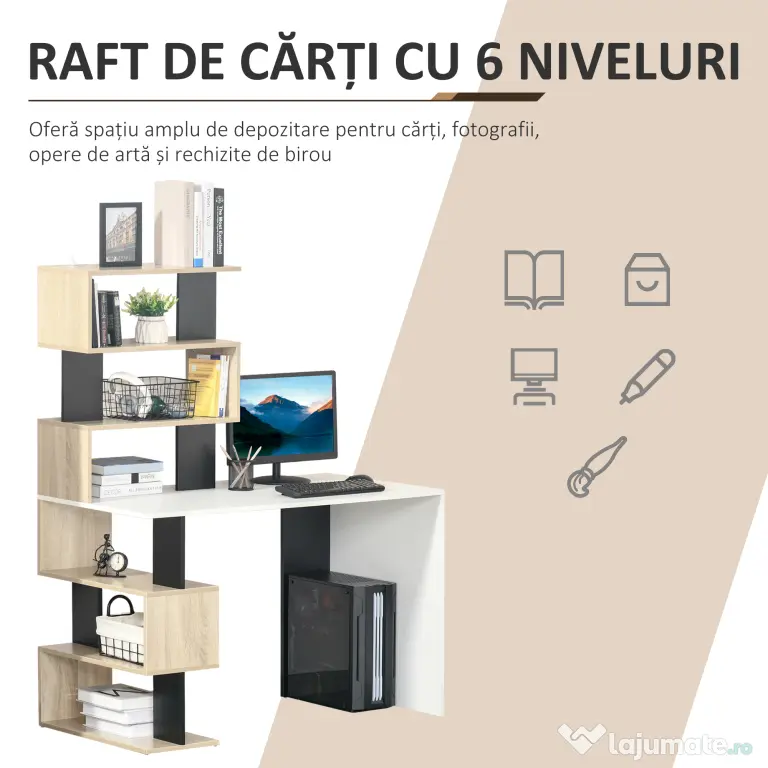 HOMCOM Birou cu Bibliotecă, Spațiu de Lucru Multifuncțional, Suport Computer din Lemn, Multicolor, 120x60x148cm | Aosom Romania