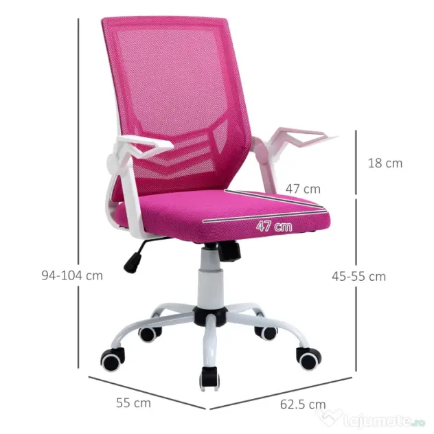 Scaun de Birou Ergonomic Vinsetto cu Cotiere si Suport Lombar, Pivotant, Inaltime Reglabila, Tesatura Roz | Aosom Romania