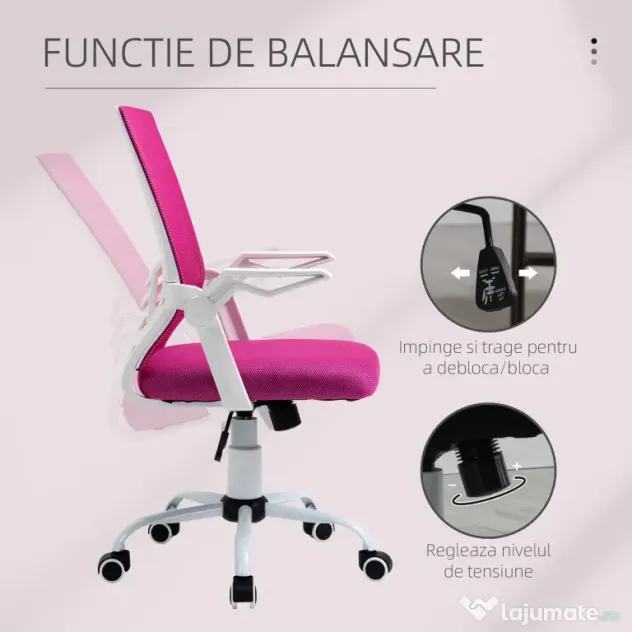 Scaun de Birou Ergonomic Vinsetto cu Cotiere si Suport Lombar, Pivotant, Inaltime Reglabila, Tesatura Roz | Aosom Romania