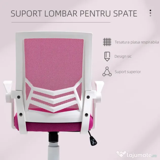 Scaun de Birou Ergonomic Vinsetto cu Cotiere si Suport Lombar, Pivotant, Inaltime Reglabila, Tesatura Roz | Aosom Romania