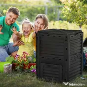 Outsunny Compostor Gradina – 300L, Plastic Negru cu Capac Blocabil