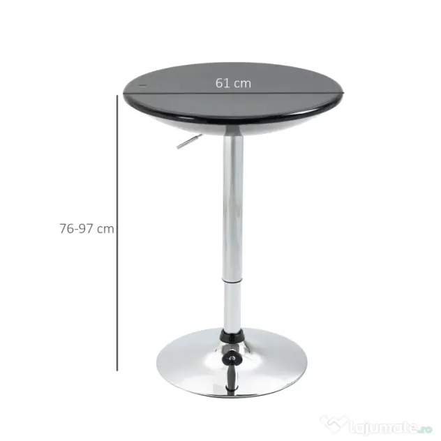 HOMCOM Masă Rotundă Bar cu Plan Rotativ, Înălțime Ajustabilă, Oțel, Φ61x76-97cm, Negru | Aosom Romania