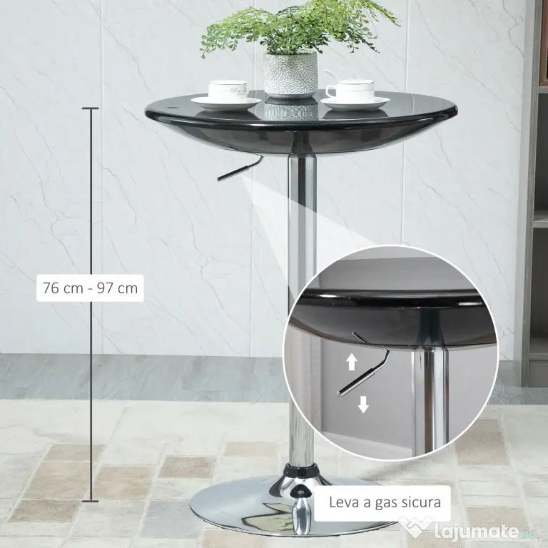 HOMCOM Masă Rotundă Bar cu Plan Rotativ, Înălțime Ajustabilă, Oțel, Φ61x76-97cm, Negru | Aosom Romania