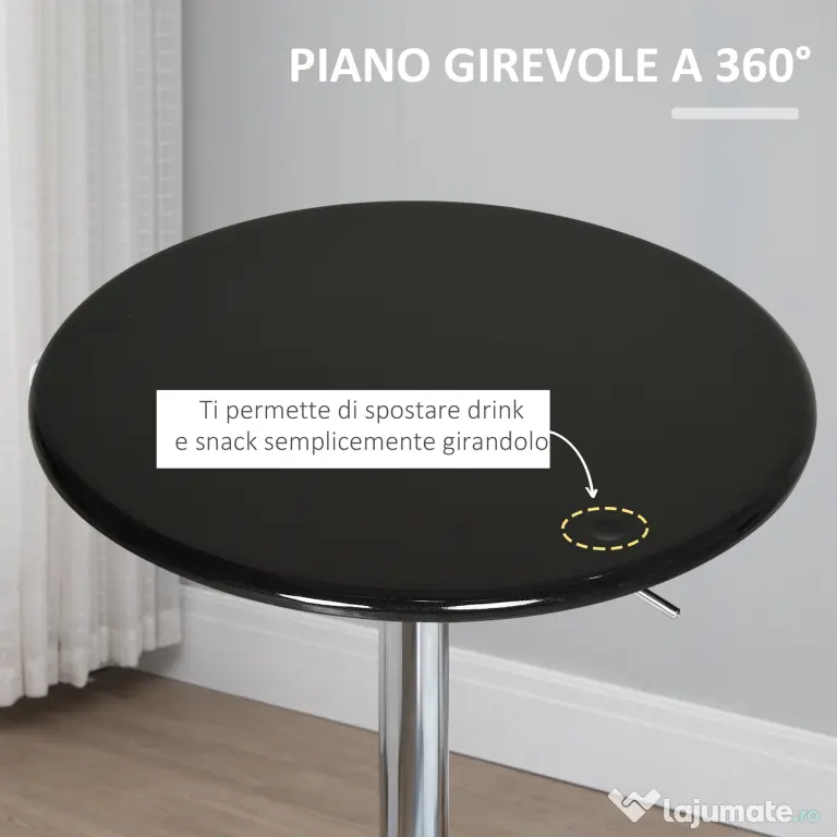 HOMCOM Masă Rotundă Bar cu Plan Rotativ, Înălțime Ajustabilă, Oțel, Φ61x76-97cm, Negru | Aosom Romania