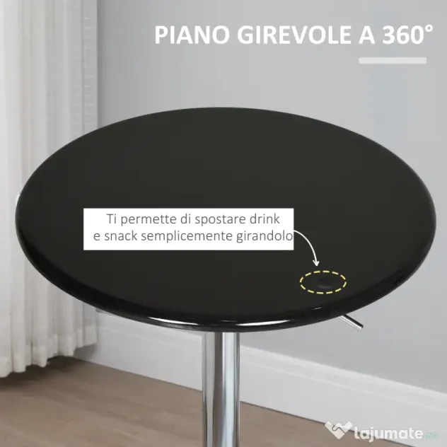 HOMCOM Masă Rotundă Bar cu Plan Rotativ, Înălțime Ajustabilă, Oțel, Φ61x76-97cm, Negru | Aosom Romania
