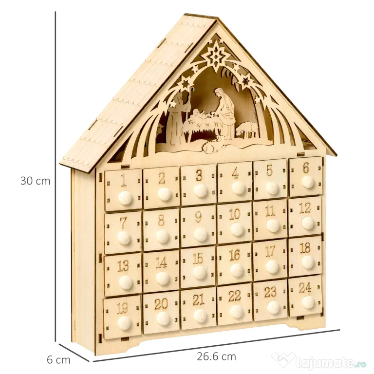 Calendar Advent din Lemn 24 Sertare Decoratiune de Craciun cu Nasterea Domnului Sculptata si Luminite, 26.6x6x30cm HOMCOM | Aosom RO