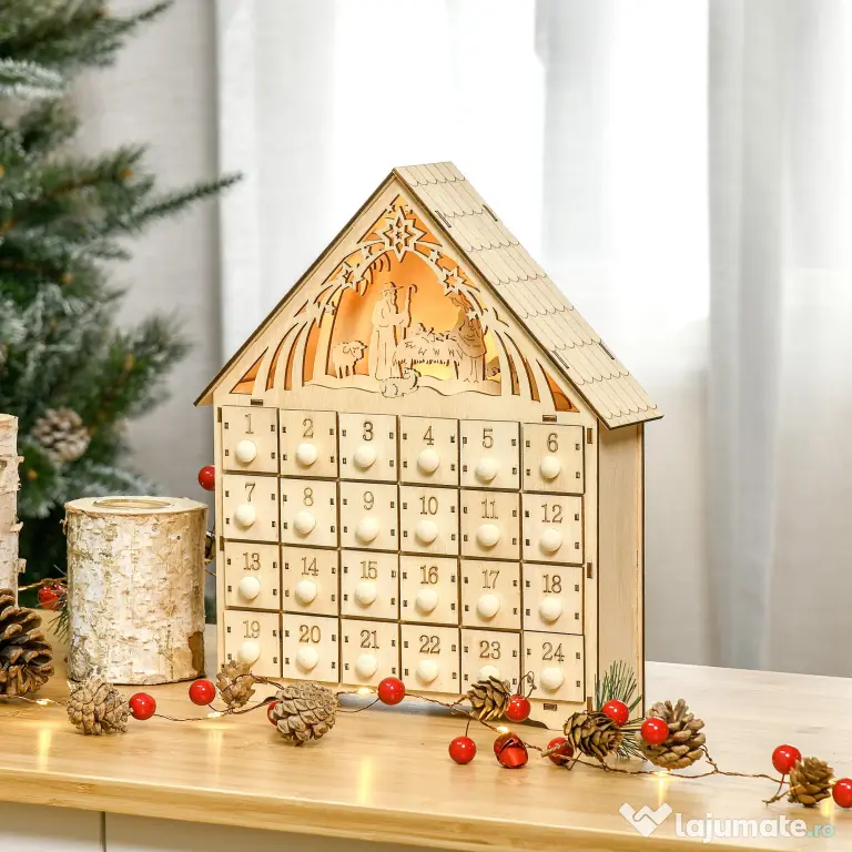 Homcom Calendar Advent – Lemn cu 24 Sertare & Luminite
