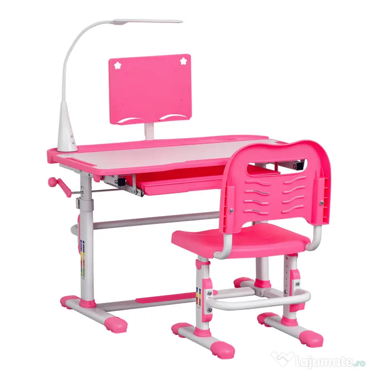 HOMCOM Birou pentru Copii cu Scaun Reglabil, Masă cu Sertar, Lampă și Suprafață Înclinabilă, 80x49,5x82-104 cm, Roz | Aosom Romania