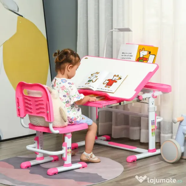 HOMCOM Birou pentru Copii cu Scaun Reglabil, Masă cu Sertar, Lampă și Suprafață Înclinabilă, 80x49,5x82-104 cm, Roz | Aosom Romania