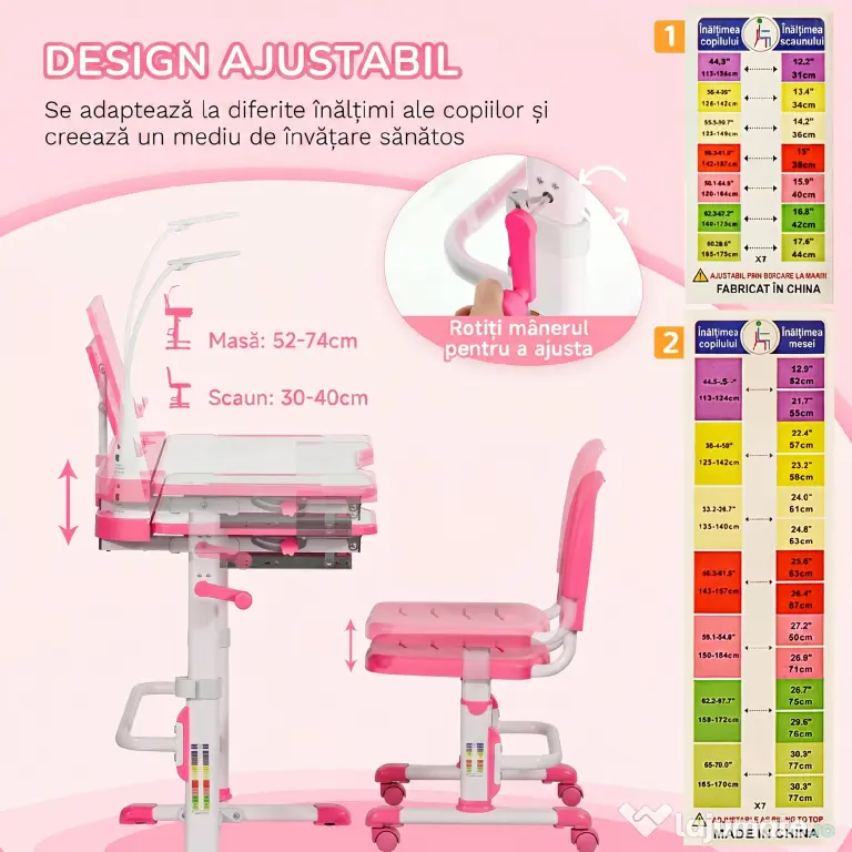 HOMCOM Birou pentru Copii cu Scaun Reglabil, Masă cu Sertar, Lampă și Suprafață Înclinabilă, 80x49,5x82-104 cm, Roz | Aosom Romania