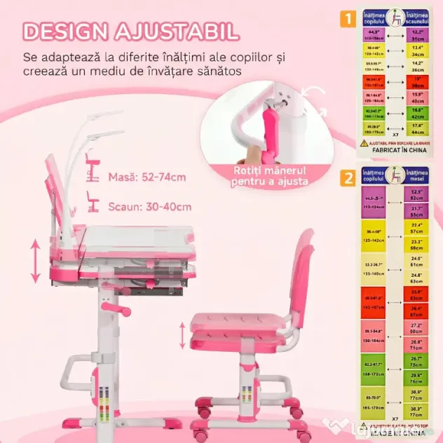HOMCOM Birou pentru Copii cu Scaun Reglabil, Masă cu Sertar, Lampă și Suprafață Înclinabilă, 80x49,5x82-104 cm, Roz | Aosom Romania
