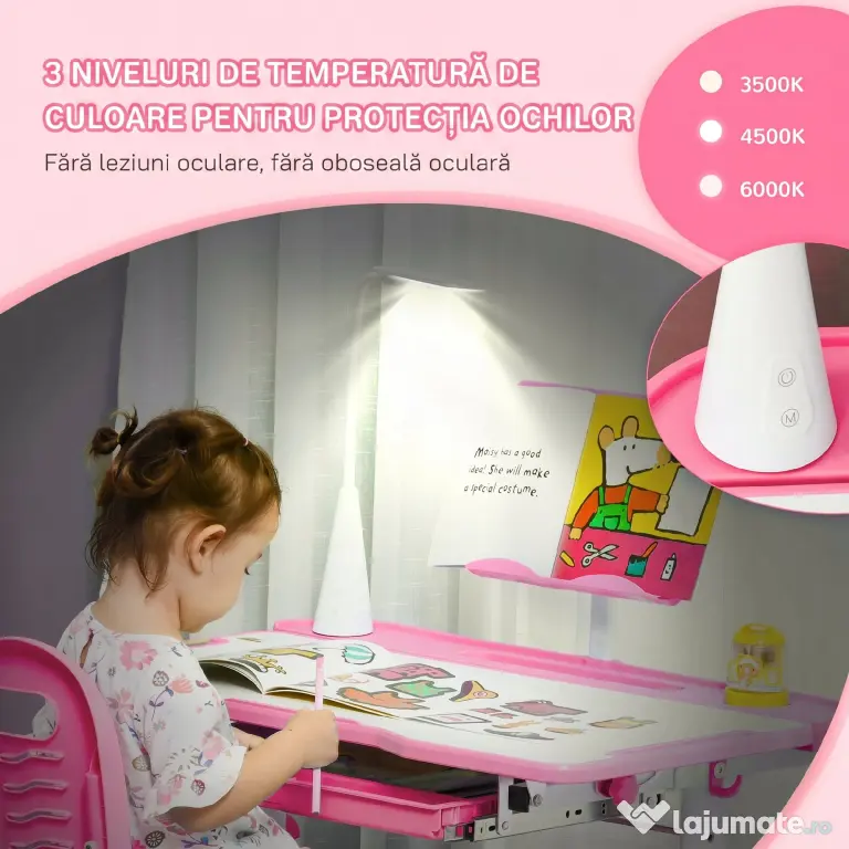 HOMCOM Birou pentru Copii cu Scaun Reglabil, Masă cu Sertar, Lampă și Suprafață Înclinabilă, 80x49,5x82-104 cm, Roz | Aosom Romania