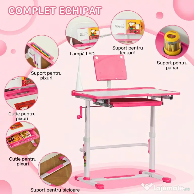HOMCOM Birou pentru Copii cu Scaun Reglabil, Masă cu Sertar, Lampă și Suprafață Înclinabilă, 80x49,5x82-104 cm, Roz | Aosom Romania