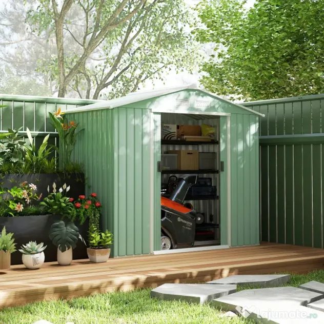 Outsunny Sopron de Gradina pentru Depozitare Unelte, 213x130x185cm, Verde Deschis