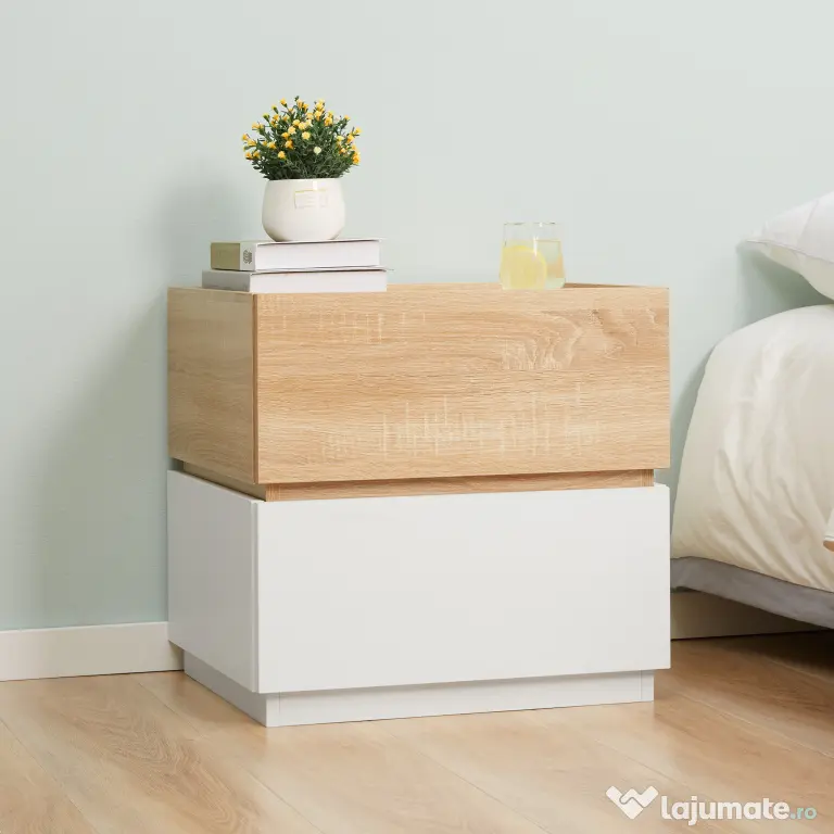HOMCOM Bedside Table with 2 Stackable Drawers, Modern Nightstand, End Table for Bedroom, Living Room, Nature Wood and White | Aosom Romania