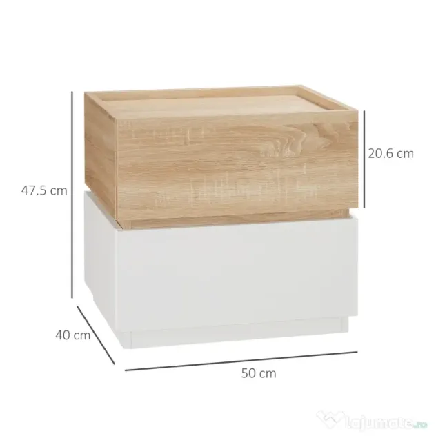 HOMCOM Bedside Table with 2 Stackable Drawers, Modern Nightstand, End Table for Bedroom, Living Room, Nature Wood and White | Aosom Romania