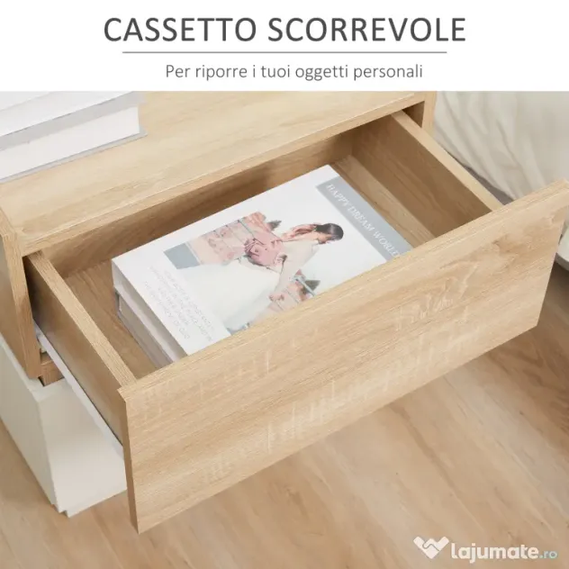 HOMCOM Bedside Table with 2 Stackable Drawers, Modern Nightstand, End Table for Bedroom, Living Room, Nature Wood and White | Aosom Romania