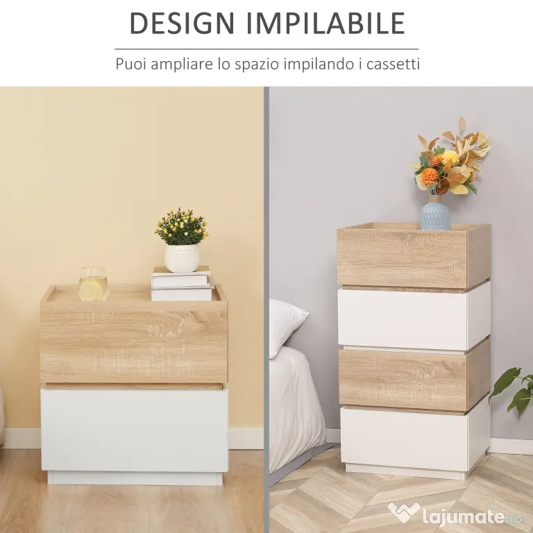 HOMCOM Bedside Table with 2 Stackable Drawers, Modern Nightstand, End Table for Bedroom, Living Room, Nature Wood and White | Aosom Romania