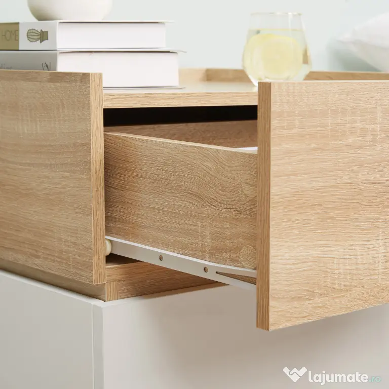 HOMCOM Bedside Table with 2 Stackable Drawers, Modern Nightstand, End Table for Bedroom, Living Room, Nature Wood and White | Aosom Romania