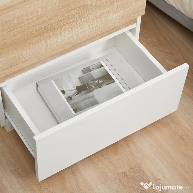 HOMCOM Bedside Table with 2 Stackable Drawers, Modern Nightstand, End Table for Bedroom, Living Room, Nature Wood and White | Aosom Romania