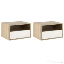 HOMCOM Set de 2 Noptiere Suspendate din Lemn, Design Modern cu Sertar și Raft, Alb și Lemn, 45x35x27.5cm | Aosom Romania
