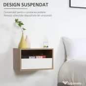 HOMCOM Set de 2 Noptiere Suspendate din Lemn, Design Modern cu Sertar și Raft, Alb și Lemn, 45x35x27.5cm | Aosom Romania