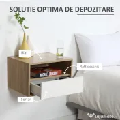 HOMCOM Set de 2 Noptiere Suspendate din Lemn, Design Modern cu Sertar și Raft, Alb și Lemn, 45x35x27.5cm | Aosom Romania