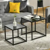 HOMCOM Set 2 Masute pentru Sufragerie Moderne din Otel si Sticla Securizata - Negru 