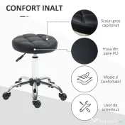 HOMCOM Scaun Rotativ Rotund cu Roți, Înălțime Reglabilă și Tapițerie din Piele Ecologică, Negru