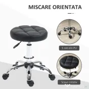HOMCOM Scaun Rotativ Rotund cu Roți, Înălțime Reglabilă și Tapițerie din Piele Ecologică, Negru
