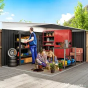 Magazie de Gradina Outsunny cu Usa Glisanta si Orificii de Aerisire, din Otel Galvanizat, 345x280.5x169-201 cm, Negru 