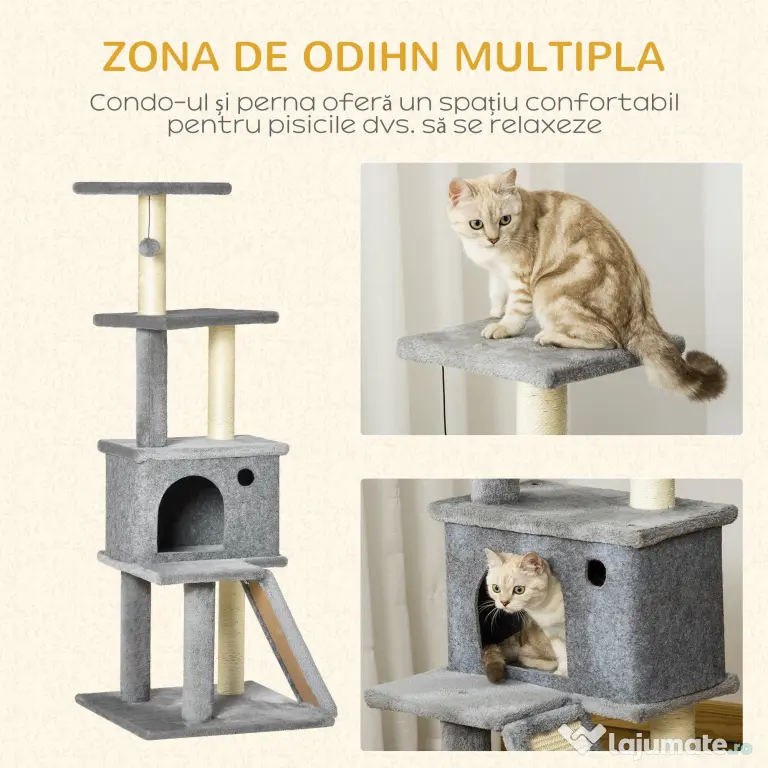 PawHut Copac pentru Pisici pe Mai Multe Niveluri cu Căsuță, Scară și Stâlpi din Sisal, Gri | Aosom Romania