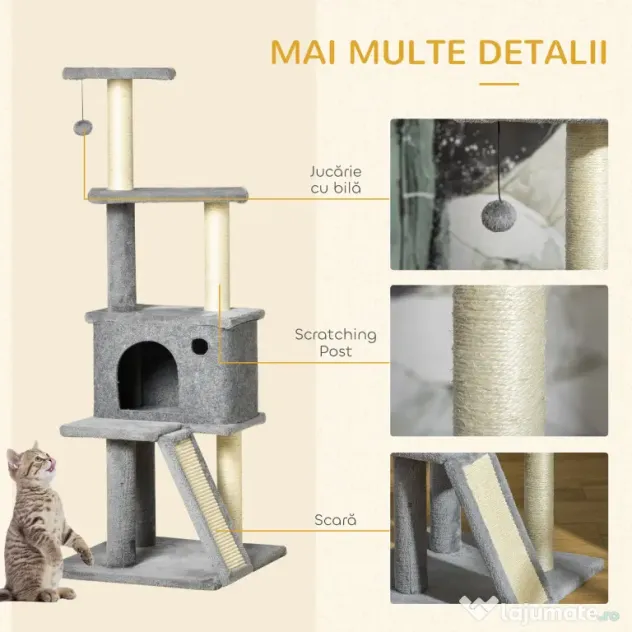 PawHut Copac pentru Pisici pe Mai Multe Niveluri cu Căsuță, Scară și Stâlpi din Sisal, Gri | Aosom Romania