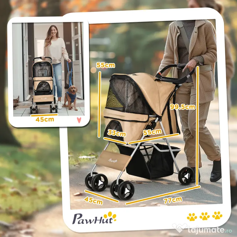 PawHut Cărucior Pliant pentru Câini cu Suport pentru Pahare, Coș de Depozitare și 3 Ferestre, 75x46x94 cm, Maro | Aosom Romania