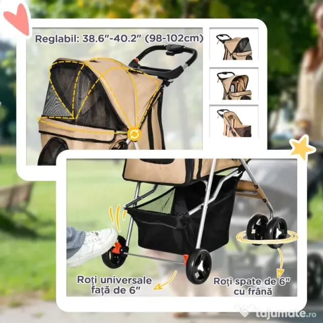 PawHut Cărucior Pliant pentru Câini cu Suport pentru Pahare, Coș de Depozitare și 3 Ferestre, 75x46x94 cm, Maro | Aosom Romania