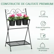 Outsunny Suport Metalic Pliabil pentru Plante, 3 Ghivece Incluse, Design Compact, 47x37x78.5 cm, Negru | Aosom Romania