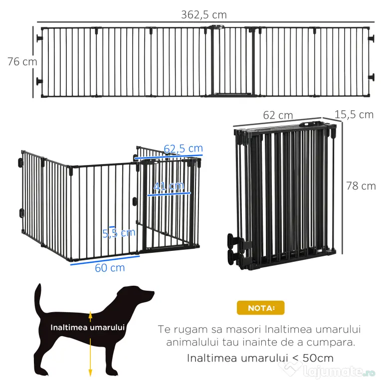PawHut Poartă de Siguranță Pliabilă cu 6 Secțiuni pentru Câini cu Sistem Automat de Blocare și Închidere, 362,5x2x76 cm, Negru | Aosom Romania