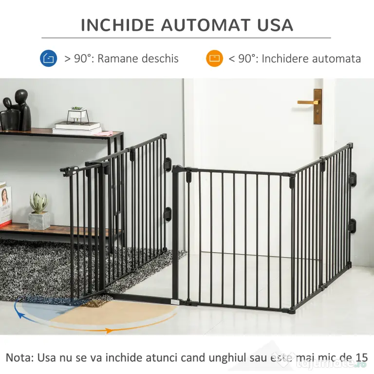 PawHut Poartă de Siguranță Pliabilă cu 6 Secțiuni pentru Câini cu Sistem Automat de Blocare și Închidere, 362,5x2x76 cm, Negru | Aosom Romania
