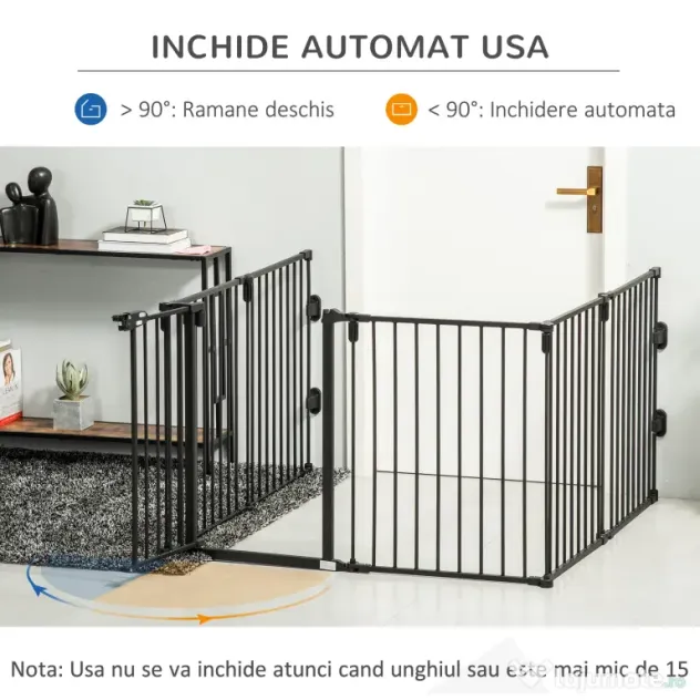 PawHut Poartă de Siguranță Pliabilă cu 6 Secțiuni pentru Câini cu Sistem Automat de Blocare și Închidere, 362,5x2x76 cm, Negru | Aosom Romania