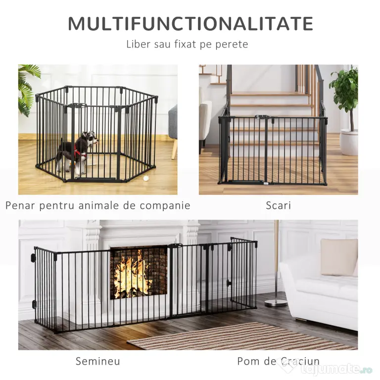 PawHut Poartă de Siguranță Pliabilă cu 6 Secțiuni pentru Câini cu Sistem Automat de Blocare și Închidere, 362,5x2x76 cm, Negru | Aosom Romania