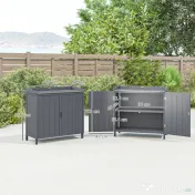Outsunny Dulap de Exterior din Lemn cu Suprafață din Metal și 2 Rafturi pentru Unelte, 98x48x95,5 cm, Gri 