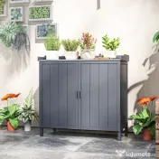 Outsunny Dulap de Exterior din Lemn cu Suprafață din Metal și 2 Rafturi pentru Unelte, 98x48x95,5 cm, Gri 