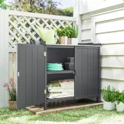 Outsunny Dulap de Exterior din Lemn cu Suprafață din Metal și 2 Rafturi pentru Unelte, 98x48x95,5 cm, Gri 