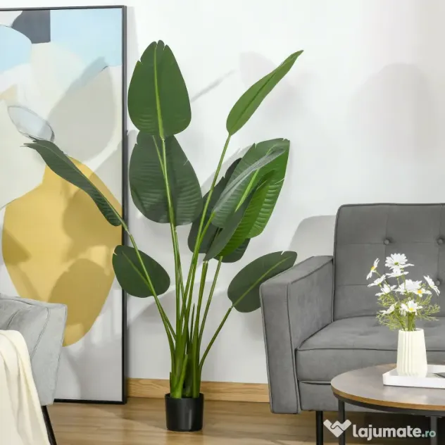 HOMCOM Bananier Artificial 160 cm cu Ghiveci și 10 Frunze Realiste, Plantă Artificială Tropicală pentru Decorațiuni Interioare și Exterioare, Verde