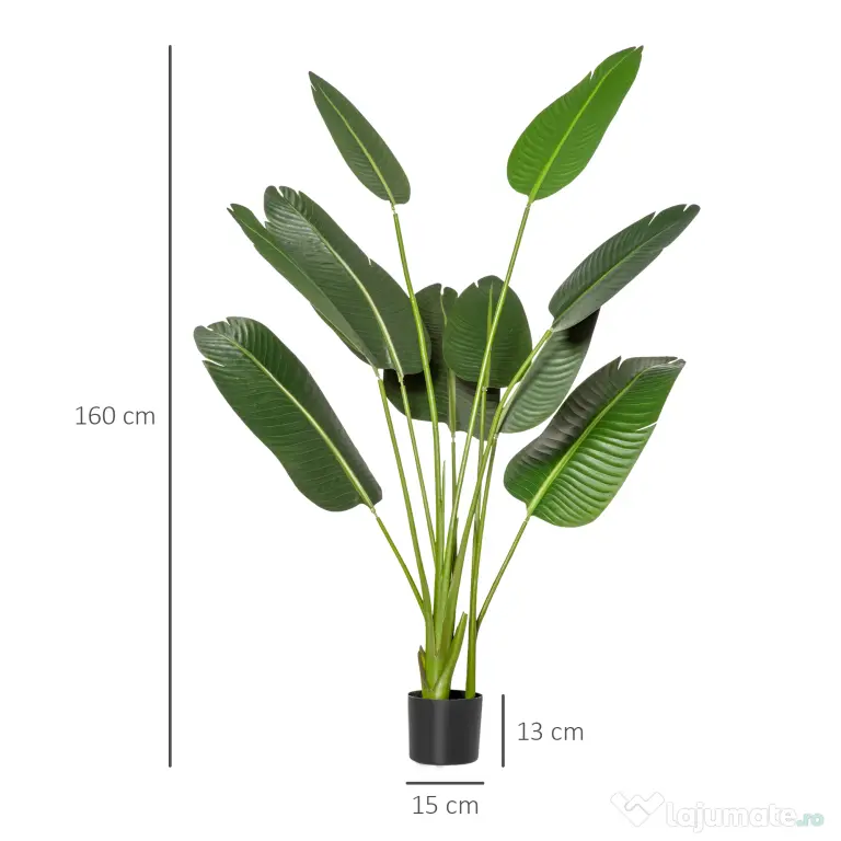 HOMCOM Bananier Artificial 160 cm cu Ghiveci și 10 Frunze Realiste, Plantă Artificială Tropicală pentru Decorațiuni Interioare și Exterioare, Verde