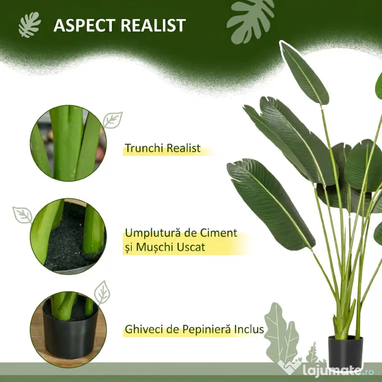 HOMCOM Bananier Artificial 160 cm cu Ghiveci și 10 Frunze Realiste, Plantă Artificială Tropicală pentru Decorațiuni Interioare și Exterioare, Verde