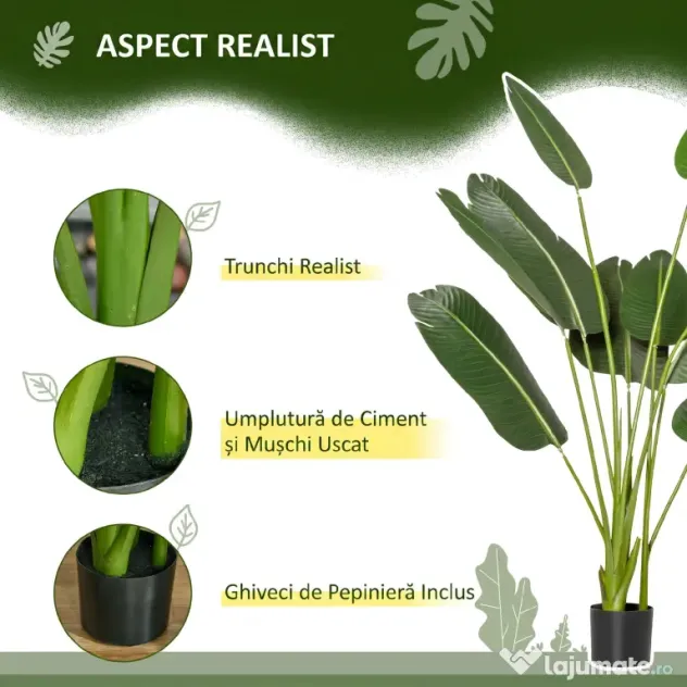 HOMCOM Bananier Artificial 160 cm cu Ghiveci și 10 Frunze Realiste, Plantă Artificială Tropicală pentru Decorațiuni Interioare și Exterioare, Verde